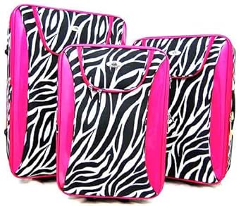 3 Piece Zebra Print Suitcase Set Luggage Hot Pink Trim