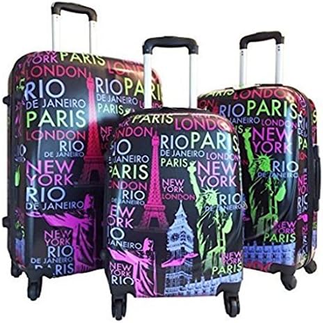 3 Piece Hardside Hard Case Printed Travel 4 Wheels Spinner Expandable Luggage Set - London Paris New York City Print