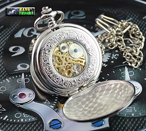 BangTheory Vintage Style Half Hunter Silver Skeleton Pocket Roman Mechanial Pocket Watch with Chain