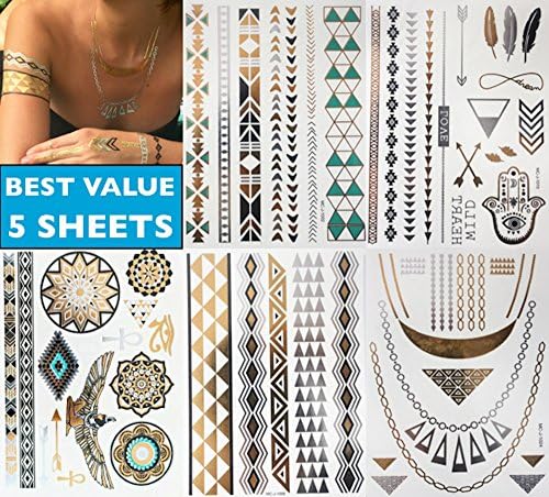 Festival Metallic, Tribal, Aztec, Gold, Silver, Turquoise, Black, Jewelry, Temporary, Bling, Tattoo with Metallic Flash: All-In-One Package 5 Sheets