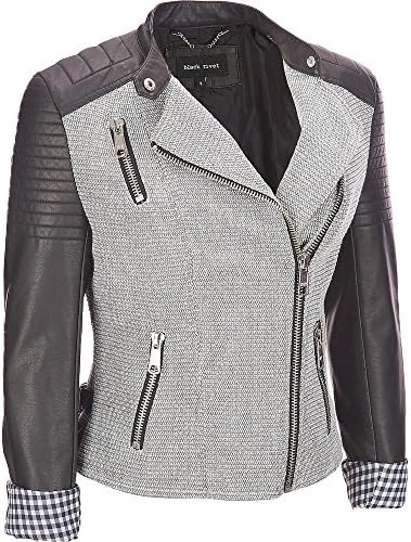 Black Rivet Womens Blocked Tweed Faux-Leather Moto Jacket XS Black And White