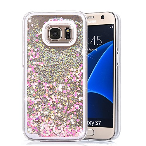 Galaxy S7 Case, VEGO Transparent Plastic Glitter Quicksand Floating Bling Sparkle Love Flowing Liquid Hard Case Cover for Samsung Galaxy S7 (2016) - Pink