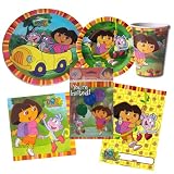Dora The Explorer Theme Birthday Party Package ~ Invitations, Thank-You Postcards, Dinner Plates, Dessert Plates, Napkins, Cups, and Loot Bags (Treat Sacks) ~ Serves 8 Guests ~ Party Makers Plus for...