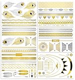 V.T Metallic Tattoos (HUGE 6 SHEETS PACK) - MOST POPULAR DESIGNS (more than 50 tattoos!) - Gold Silver & Black Body Temporary Metallic Tattoos - Bling Inspired - Long Lasting Trendy Tattoo Designs