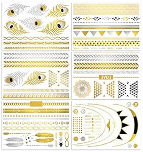 V.T Metallic Tattoos (HUGE 6 SHEETS PACK) - MOST POPULAR DESIGNS (more than 50 tattoos!) - Gold Silver & Black Body Temporary Metallic Tattoos - Bling Inspired - Long Lasting Trendy Tattoo Designs