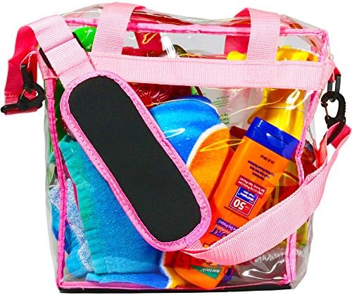 Deluxe Clear Tote Bags w Zipper Closure, Removable Shoulder Strap (Padded), Carry Handles, Detachable Security Purse and Reinforced Bottom. NFL Stadium Approved. Avail in Pink and Black.