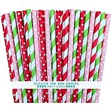 Outside the Box Papers Strawberry Shortcake Theme Polka Dot and Striped Paper Straws 7.75 Inches 100 Pack Red, Pink, Lime Green, White