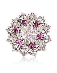 Christmas Gift - Present - Pink Swarovski Elements Crystals - Wild Flower Brooch Silver Tone - White Gold Plated