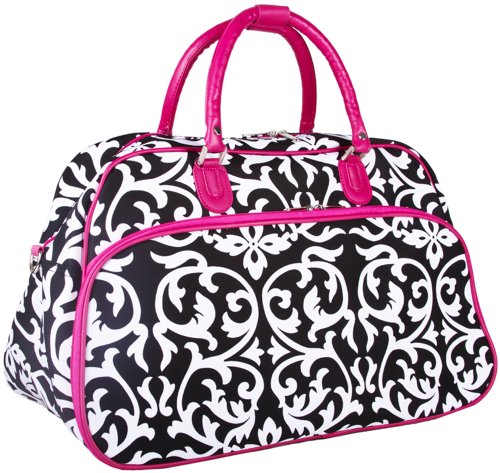 World traveler damask travel bag, black and white with pink trim