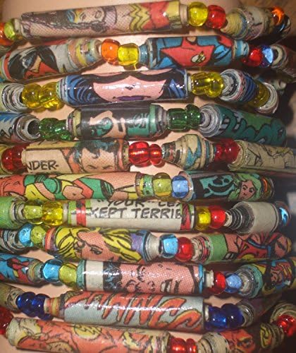 Upcycled Comic Book Paper Bead Stretch Bracelets in 3 to 48 Wholesale Lots