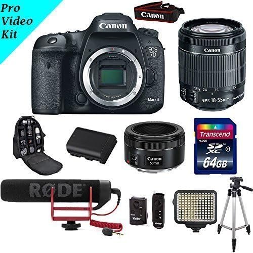 Pro Video Starter Kit for 7d Mark II 20.2 MP Full Frame CMOS DSLR Camera + Rode Go Video Microphone + 18-55mm IS STM Lens + 50mm 1.8 STM Lens + LED Video Light + 64gb Transcend SD card + Extra Battery