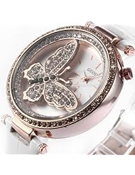 Best Womans Watch Rose Gold Case Crystal Butterfly White Leather Strap Quartz Lady Women Watch