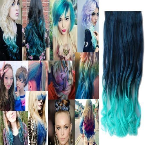 NSSTAR Clip-on One Piece New Two Tone Long Curl/curly/wavy Synthetic Thick Hair Extensions Hairpieces (Dark Green to Light Green)