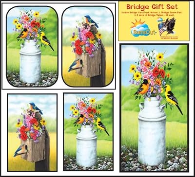 Bridge Gift Set - Bouquets & Birds - Large Print Double Deck Playing Cards - Score Pad - 2 Sets of Tallies