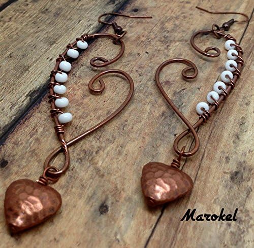 Hammered Copper Heart Earrings Dangle Wire Wrapped Textured Copper White beads
