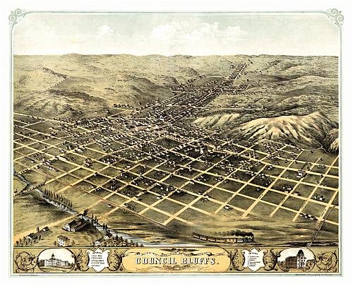 Historic Maps - Council Bluffs Bird's Eye View Map 1868 Iowa - Pottawattamie County - Bird's eye view of the city of Council Bluffs, Pottawattamie Co., Iowa 1868. 36x54