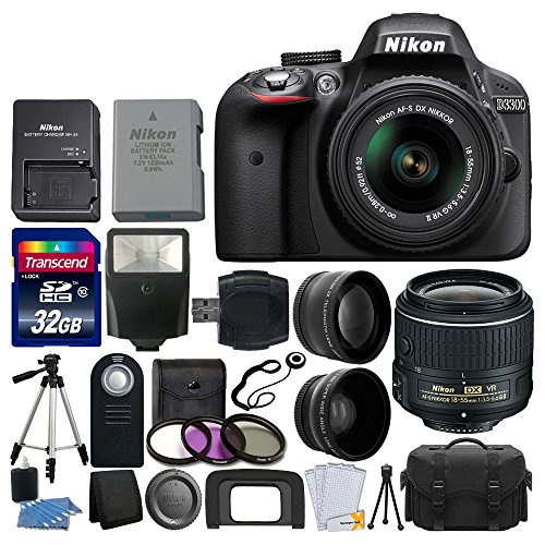 Nikon D3300 24.2 MP CMOS Digital SLR Camera + 18-55mm VR II Zoom Lens + 2x Professional Lens + HD Wide Angle Lens + Filter Kit + 32GB Accessory Bundle (20 Items) International Version (No Warranty)