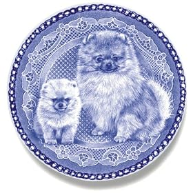 Pomeranian and Puppy: Danish Blue Porcelain Plate by Lekven Designs