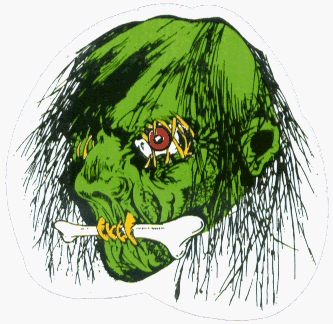 Green Hairy Skull Monster with Bone in Mouth - Sticker / Decal