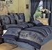 7 Pieces Navy Blue Chrysanthemum Flower Flocking Comforter Set Bed-in-a-bag Full or Double Size Bedding