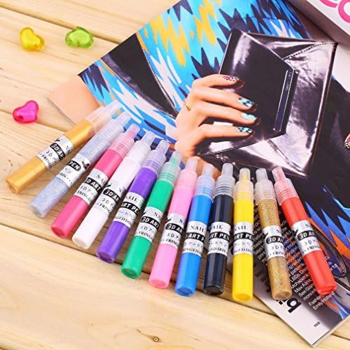 Create individual nail artwork with the specially adapted 3D nail art pen : New Pro 12 Colors 3D Finger Nail Paint Pen UV Gel Acrylic Nail Art Polish Set