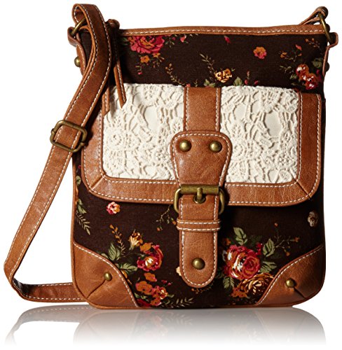 Vintage Floral Roses & Lace, Fabric Crossbody Messenger Purse w/ Front Pocket & Long Strap
