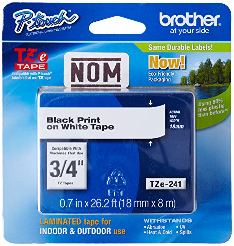 Brother 3/4 Inch x 26.2 Feet Black on White Tape with Super Strong Adhesive (TZS241)