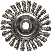 Weiler Dualife Wire Wheel Brush, Threaded Hole, Stainless Steel 302, Full Twist Knotted, 4" Diameter, 0.020" Wire Diameter, 5/8-11" Arbor, 7/8"  Bristle Length, 1/4" Brush Face Width, 20000 rpm