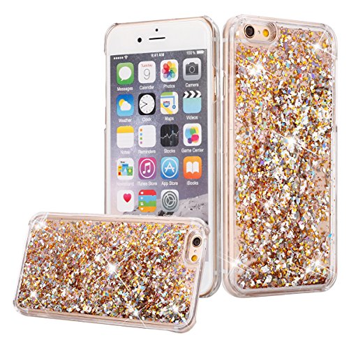 iPhone 6S Plus Case, iPhone 6/6S Plus Liquid Glitter Case,Phezen 3D Creative Design Shiny Quicksand Flowing Bling Glitter Sparkle Heart Clear Hard Case for iPhone 6S Plus / 6 Plus - Gold Diamonds