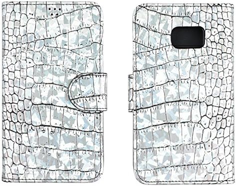 Galaxy S7 Edge Wallet Case Hologram Croco Flip Folio Pu Leather Flip Diary Cover with Built-in Credit Card Slots Holder Magnetic closure (Silver)