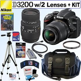 Nikon D3200 24.2 MP CMOS Digital SLR Camera with 18-55mm f/3.5-5.6G AF-S DX VR Lens and Sigma 70-300mm f/4-5.6 SLD DG Macro Lens with built in motor + 32GB Deluxe Accessory Kit