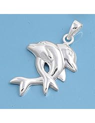 Sterling Silver Dolphin Love Pendant Polished Fashion Charm Pure 925 New 32mm with 2mm Figaro Chain