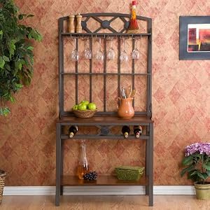 Coffee Brown Decorative Bakers Rack with Wine Storage by