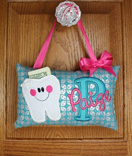 Girl's personalized tooth fairy pillow, teal silver and hot pink