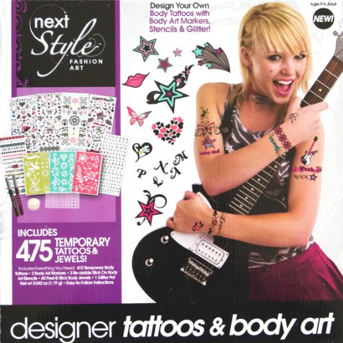 next STYLE FASHION ART Designer Tattoos & Body Art Kit (Includes 475 Temporary Body Tattoos & Jewels, Stencils & Markers)