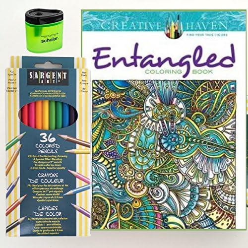 Sargent Colored Pencils (36 Count), Prismacolor Pencil Sharpener and Adult Coloring Book Set (Bundle of 3 Items) (Entangled)