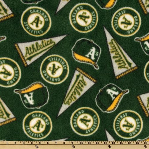 60'' Wide MLB Fleece Oakland Atheletics Green/Yellow/White Fabric By The Yard