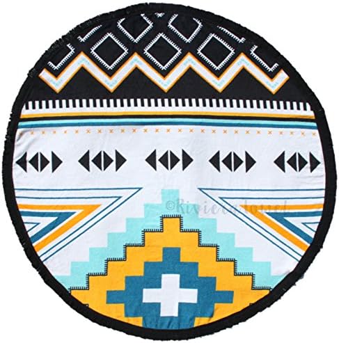 Round Beach Towel 100% Cotton Thick Terry Roundie Beach Towel with Fringe - Large 62" Indian Mandala Boho Beach Towel Roundie Hyppy Gypsy Beach Throw Round Yoga Mat - Mod Multi Color- San Miguel