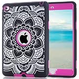 iPad Mini 4 Case,Walle Shop® [Heavy Duty] High Impact Resistant Hybrid Shock-Absorption Three Layer Armor Defender Full Body Protective Cover with Screen Protector for iPad Mini 4 2015 (flower+red)