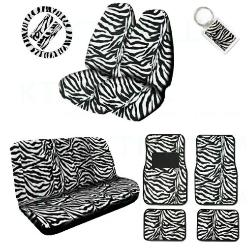 img View detail A Set of 2 Universal Fit Animal Print High Back Front with Universal Bench Seat Covers, Wheel Cover, 2 Shoulder Pads 4 Floor Mats, and 1 Key Fob - Zebra from amazon.com