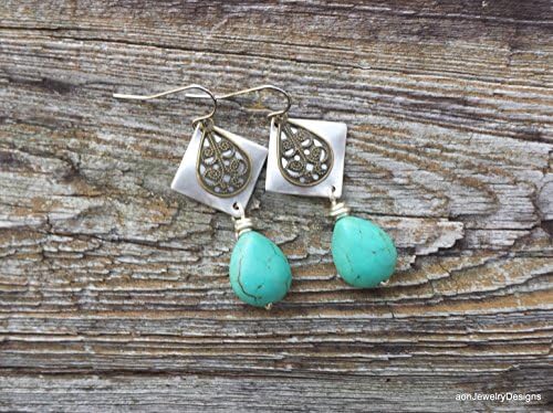 Turquoise Teardrop Earrings. Silver Wavy Square Brass Filigree Dangle Earrings. Mixed Metal Jewelry. E-646