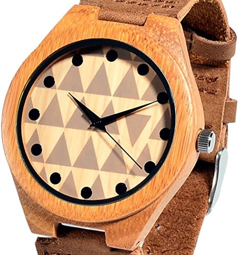 Affute Bamboo Wooden Watch Genuine Brown Leather Strap Quartz Analog with Quality Miyota Movement Triangle Pattern Dial