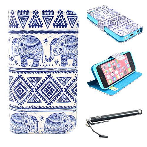 iPhone 5C Case, Speedtek Elephant Pattern Premium PU Leather Wallet Flip Protective Skin Case with Magnetic Closure for Apple iPhone 5C (2013) (Built-in Credit Card/ID Card Slot)