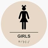 ADA Restroom Sign California Title 24 Style, GIRLS (with Braille = girls, Black_on_Almond)
