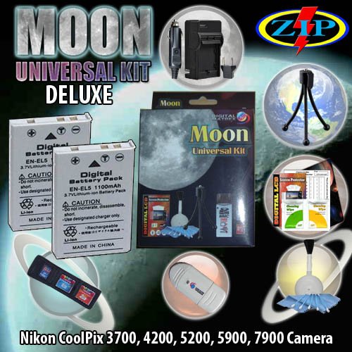 the moon universal kit for nikon coolpix p500, coolpix p510, nikon coolpix 3700, 4200, 5200, 5900, 7900. includes: 2 en-el5 1100mah ultra high capacity batteries made with cells produced in japan or usa, table-top wire tripod, 110/240 mini charger with fold out plug and a dc car adapter, sd/sdhc card reader, lcd protection film kit and more. (non oem)