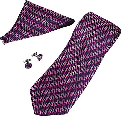 SuperCuffs Men's Pattern Tie, Cufflinks and Pocket Square Gift Set Regular Purple, Pink/Black