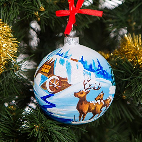Handpainted Glass Christmas ornaments Tree balls 100mm handmade. New year round ball decoration Xmas 2016 decorations designer collection ornament (Deer)