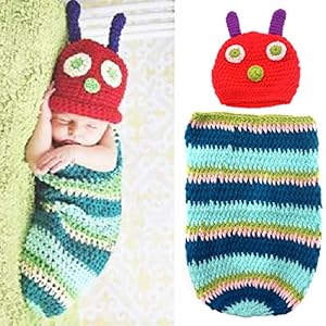 Foxnovo Cute Caterpillar Style Baby Infant Newborn Handmade Crochet Beanie Hat Clothes Baby Photograph Props (Blue)