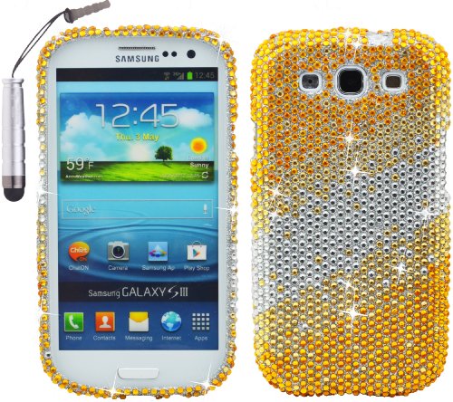 Gold Silver Diamond Rhinestones Bling Snap On Hard Case Cover Protector Skin Faceplate for Samsung Galaxy S3 - Includes Silver 1.7
