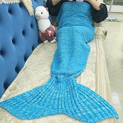 Mermaid Tail Blanket Crochet and Handmade Living Room All Seasons Sleeping Bags for Adults, Super Soft (71"x35.5", Blue)